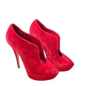 Casadei Red Suede Platform Slip‎ On Ankle Tulip Cut Out Booties Heels Size 6